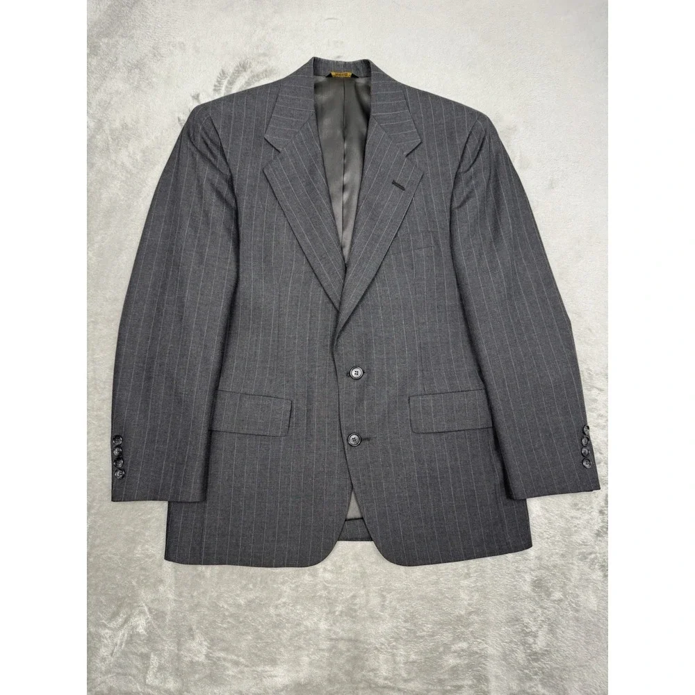 Vintage Gray Pinstripe Sport Coat Blazer Mens 40R 100% Wool Jacket USA 90s Y2K